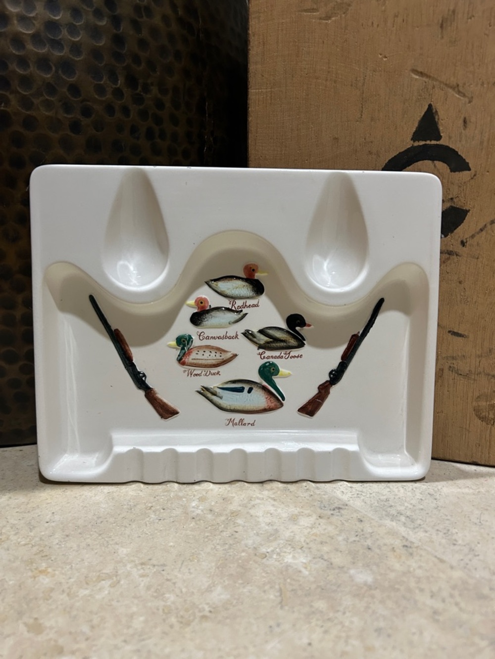 Vintage Hyalyn porcelain Duck Motif Ceramic Ashtray with Rifle Accents